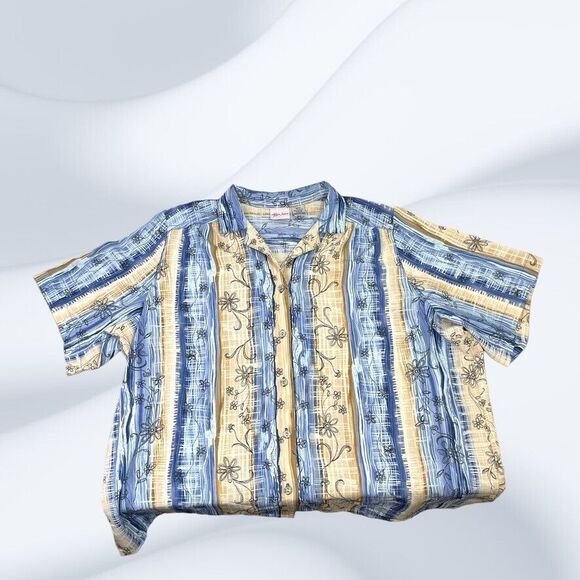 Tan Jay Womens Tan Blue Floral Short Sleeve Button Up V-Neck Top Size 20W - Picture 4 of 5